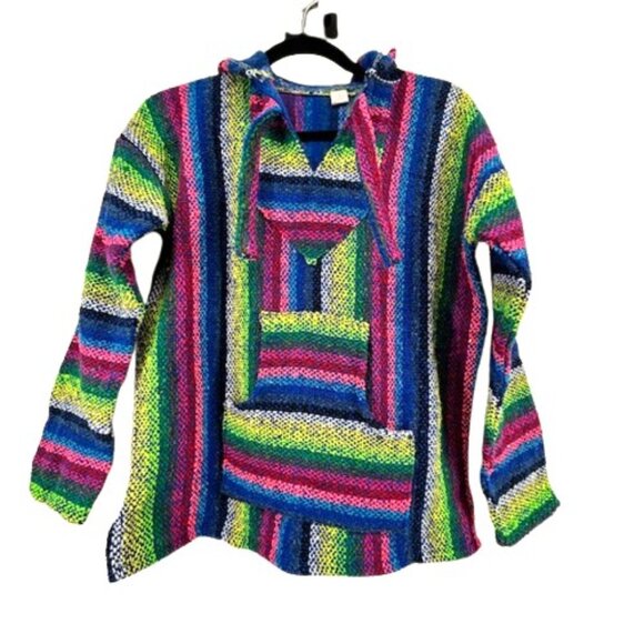 Mens Medium Mexican Baja Hoodie Rainbow Colorful Striped Pullover Drug Rug - Picture 4 of 7